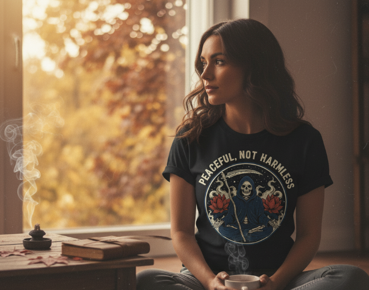 Warrior Spirit Meditating Reaper Tee | Peaceful Not Harmless Vintage Shirt | Soulful Strength | Empowering & Unique