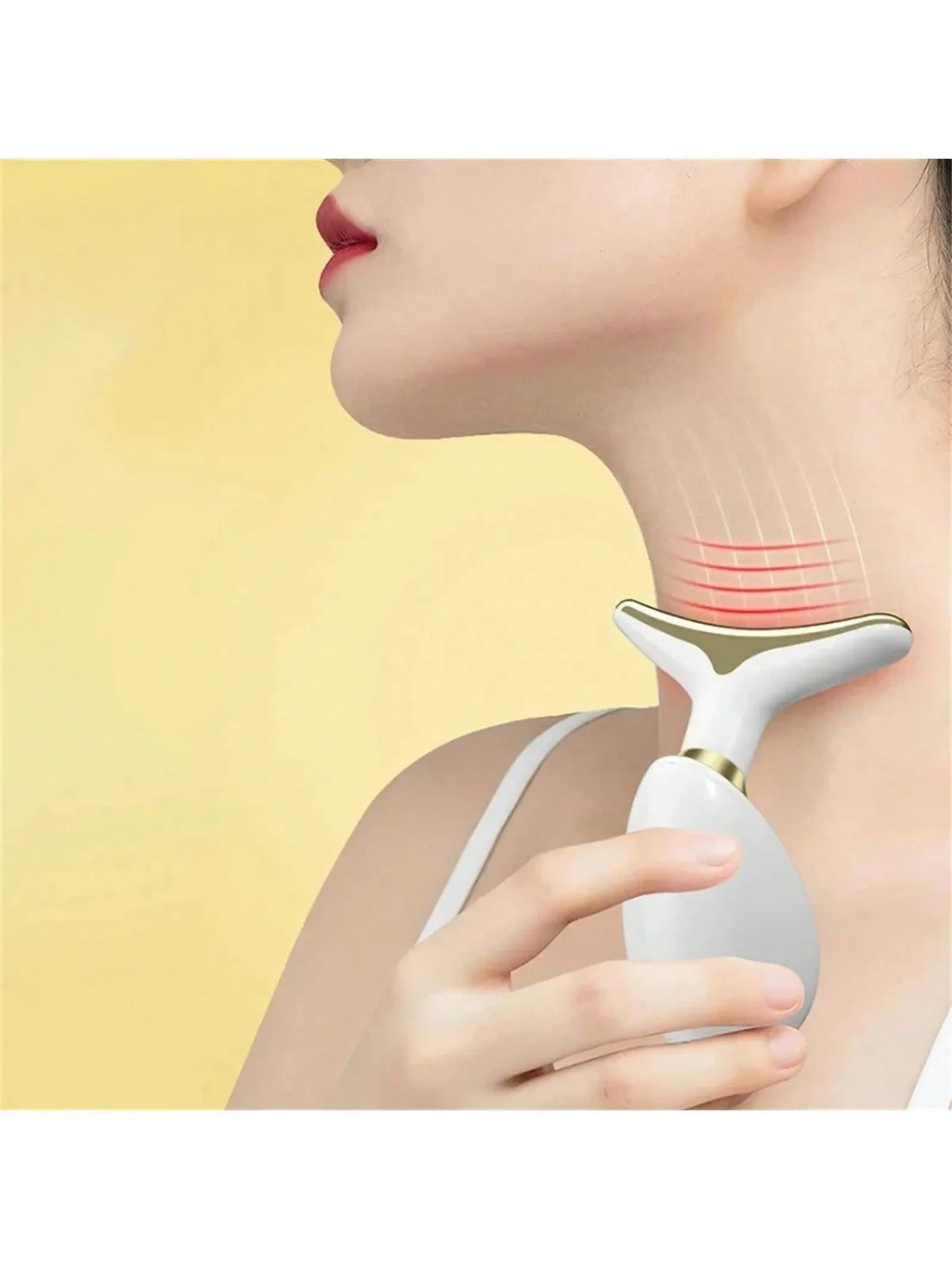 Woman using Royal Hearth Lumina anti-wrinkle face and neck tool for firming and sculpting skin