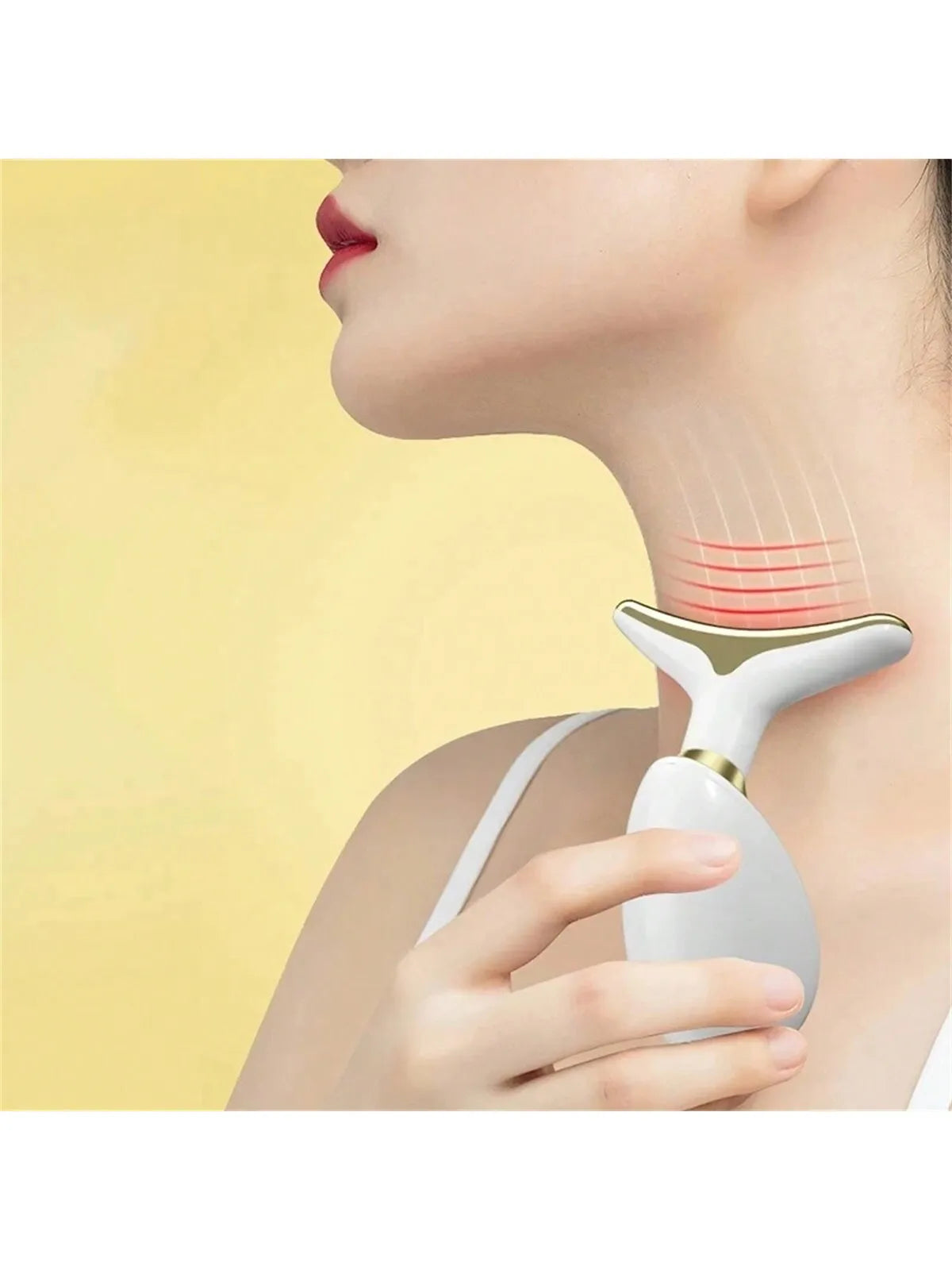 Woman using Royal Hearth Lumina anti-wrinkle face and neck tool for firming and sculpting skin